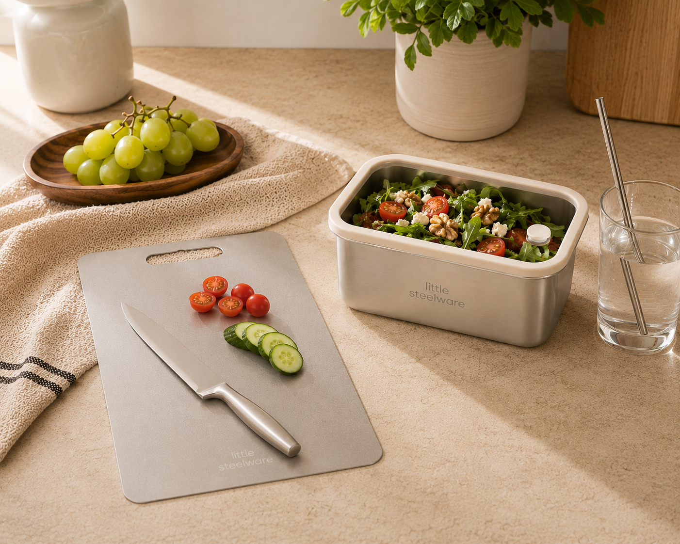 A stainless steel salad container with a clear lid sits on a beige countertop beside a gray cutting board with a knife, sliced cucumber, cherry tomatoes, and a plate of green grapes.